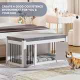 Faceket Indoor Dog Crate Furniture with Padded Seat, Wooden Dog Kennel, End of Bed Bench Ottoman with Removable Cushion, 47.2" L x 23.6" W x 22.4" H，White Faceket