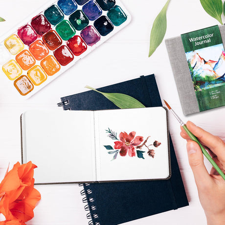 Dispowreath 4 Set Watercolor Sketchbook Journal with Watercolor Brush Pens 300 GSM Cotton Paper Portable Square Small Pocket Notebook Travel for Painters Art Supplies (3.9 x 3.9 Inch) Dispowreath