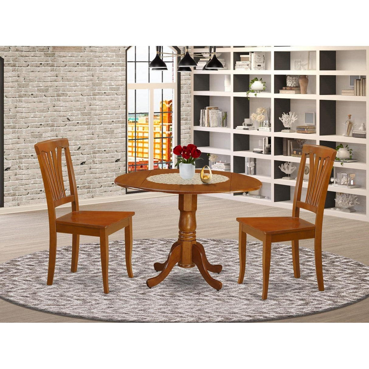 East West Furniture DLAV3-SBR-W 3 Piece Dining Table Set for Small Spaces Contains a Round Dining Room Table with Dropleaf and 2 Wood Seat Chairs, 42x42 Inch, Saddle Brown East West Furniture