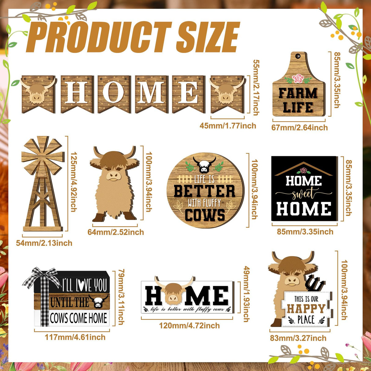 Soaoo 16 Pcs Highland Cow Tiered Tray Decor Gnome Plush Tray Decor Farmhouse Rustic Wood Table Signs with String Lights for Holiday Table Centerpieces Home(Highland Cow) Soaoo