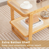 GOFLAME Bamboo Side Table with Glass Top, 2-Tier End Table with PE Rattan Storage Shelf, Home Sofa Side Table, Nightstand Bedside Table, Compact Coffee Table, Accent Table for Bedroom Living Room GOFLAME