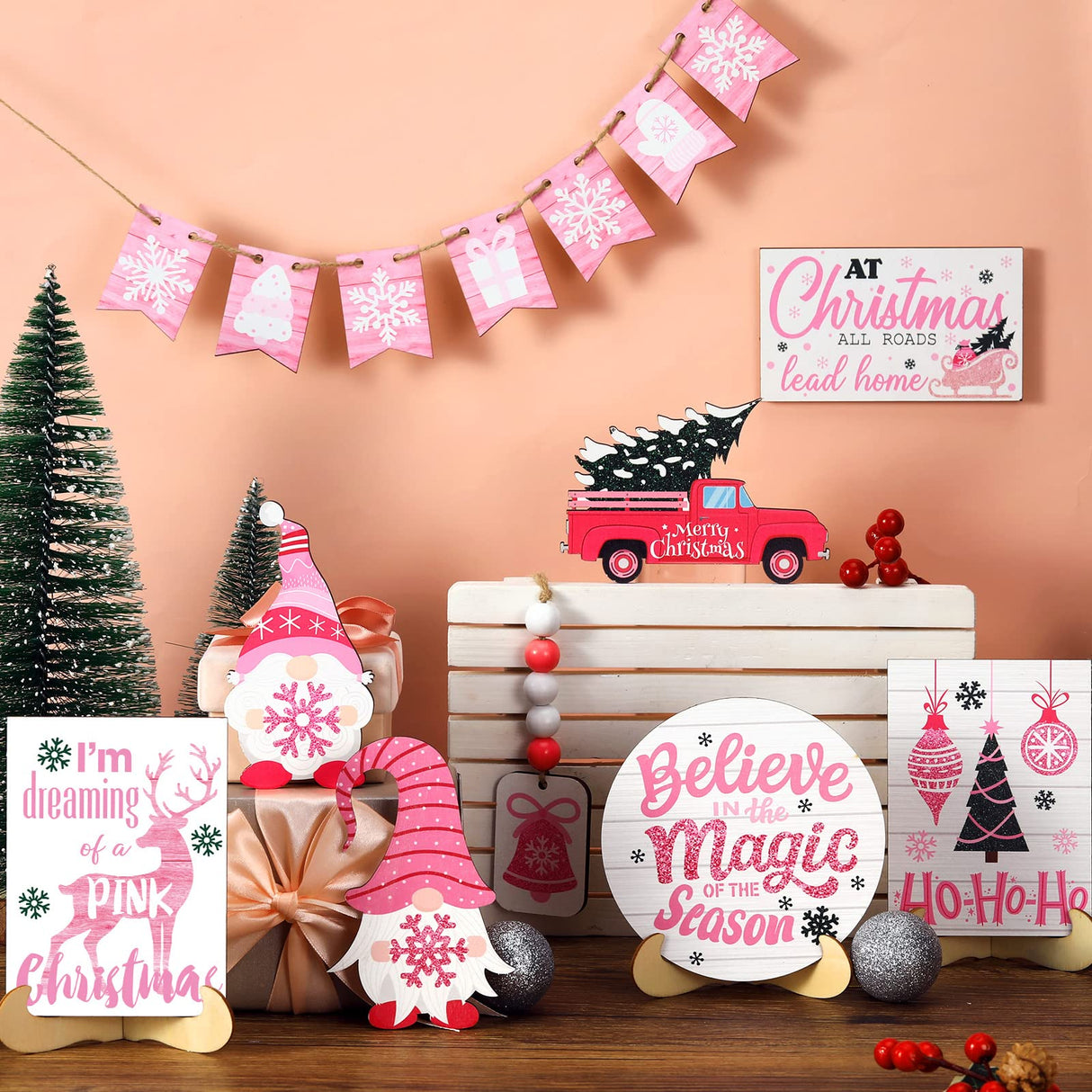 Bucherry 15 Pieces Christmas Tiered Tray Decor Gingerbread Christmas Farmhouse Table Decorations Tiered Tray Xmas Decor Set Winter Wooden Sign Tabletop for Xmas Party (Romantic Style) Bucherry