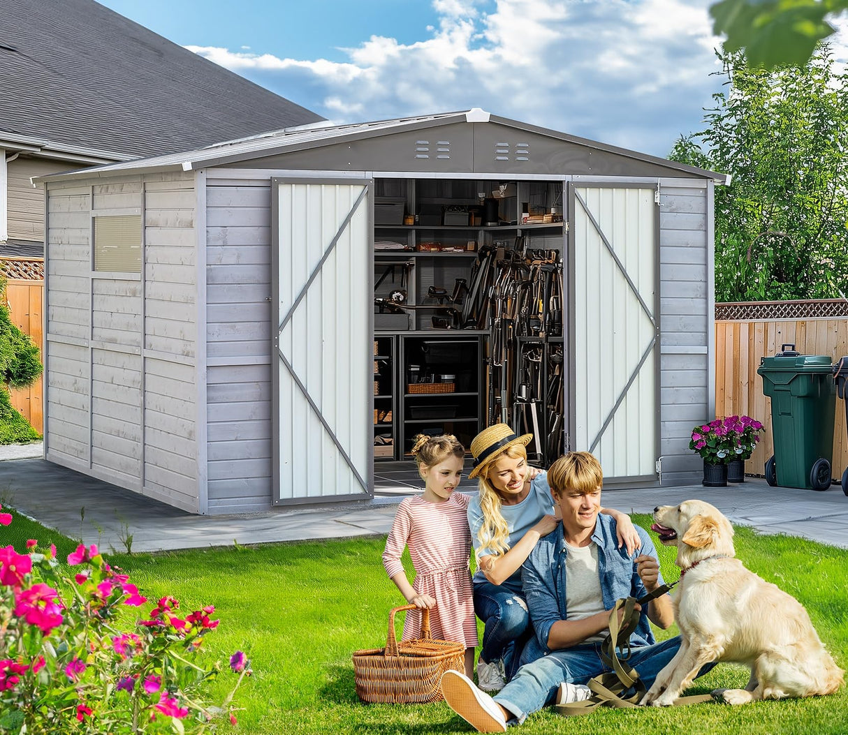 Shed 8' x 8' Storage Shed, 8 x 8 FT Wood Sheds & Outdoor Storage Clearance, Utility and Tool Garden Shed, Waterproof Storage Shed Large with Lockable Doors for Backyard, Patio, Outside Use (Gray) AEMSOFK