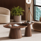 win2win Nesting Coffee Table Set of 2, Mid Century Modern Coffee Table with Wood Grain Veneer, Fluted Round Tea Table and End Table Set, Minimalist Center Tables for Living Room, Office, Walnut win2win