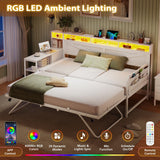 VIAGDO Daybed Twin with Pop Up Trundle, Farmhouse Wooden Day Bed Frame with 3 Storage Drawers and Shelves, Twin to King Daybed with Charging Station and LED Lights for Bedroom, Guest Room, White VIAGDO