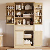 PeacefulHues 70inch Tall Kitchen Pantry, Rattan Cupboard Storage Cabinet with 1 Drawer and 6 Door Shelves for Dinning Living Room Kitchen Laundry, Natural Oak PeacefulHues