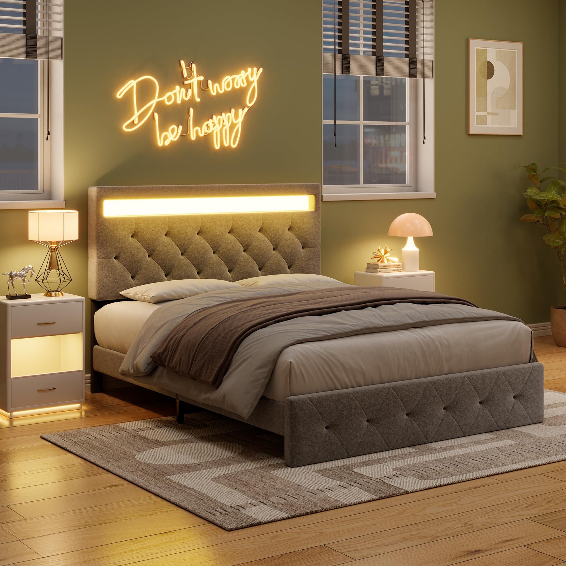 GarveeHome Full Size Upholstered Bed Frame with LED Lights and Charging Station - WoodArtSupply