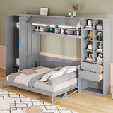 Merax Horizontal Murphy Bed Queen with Wardrobe, Queen Size Wall Murphy Bed with Small Desk, 2 Drawers, Storage Shelves and USB Charging Station, Wardrobe and Drawers Install on Left or Right, Gray Merax