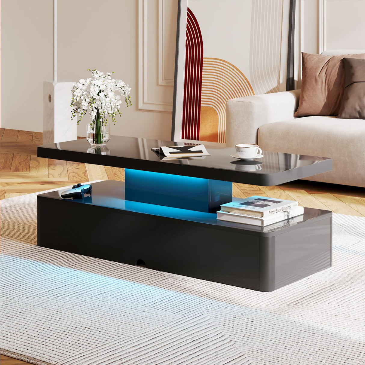 MXV Modern Coffee Table, 40 Inches Coffee Tables with 16 Colors LED Lights, 2 Tier Rectangular Center Table, Large Storage Space, High Glossy Wooden Tea Table for Living Room, Bedroom, Office, Black MXV