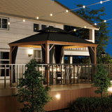 HAPPATIO 10' x 12' Hardtop Gazebo, Outdoor Wood Grain Frame Aluminum Gazebo, Double Roof Permanent Patio Gazebo Canopy with Netting and Curtains for Garden, Patio, Lawns, Parties (Grey) HAPPATIO