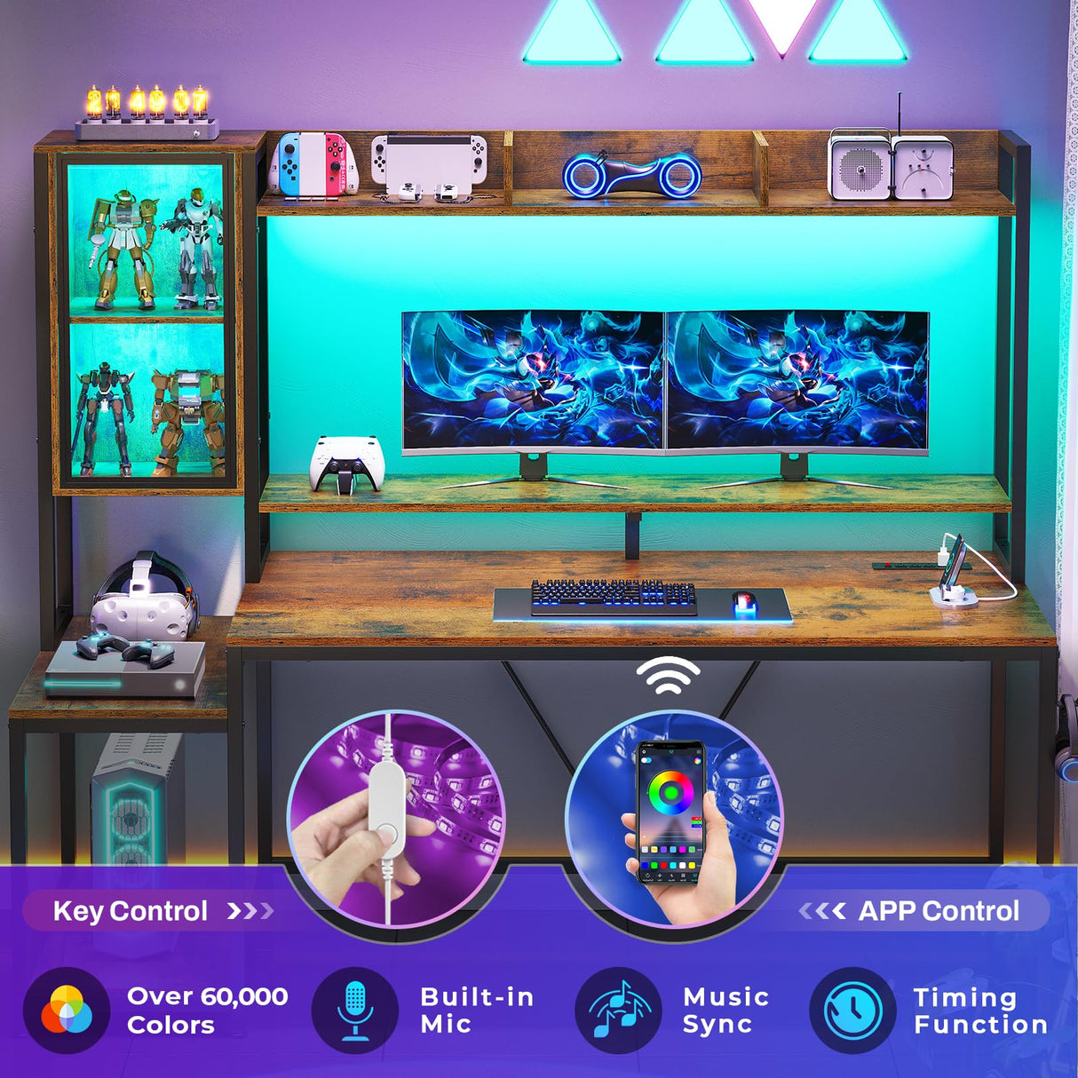 SEDETA Gaming Desk, 60'' Gaming Desk with Hutch and LED Lights, Computer Desk with Storage Shelves, Large PC Gamer Desk with Display Cabinet, Monitor Stand, Power Outlet for Home Office, Rustic Brown SEDETA