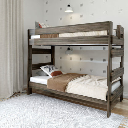 Rustic Twin-Over-Twin Solid Wood Bunk Bed in Barnwood Brown by Plank+Beam - WoodArtSupply