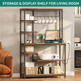 YITAHOME 39 Inch Rustic Brown Kitchen Microwave Stand and Bakers Rack with Power Outlet and 6 Hooks YITAHOME