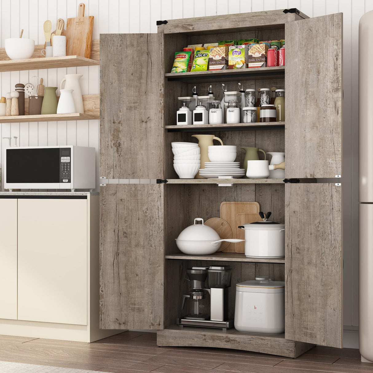 71in Farmhouse Kitchen Pantry Cabinet,Tall Storage Cabinet with 4 Doors and Adjustable shelves,with Load-Bearing Steel Pipe,Wood Storage Cabinets for Kitchen,Dining Room,Bathroom(Light Rustic Oak) chartustriable