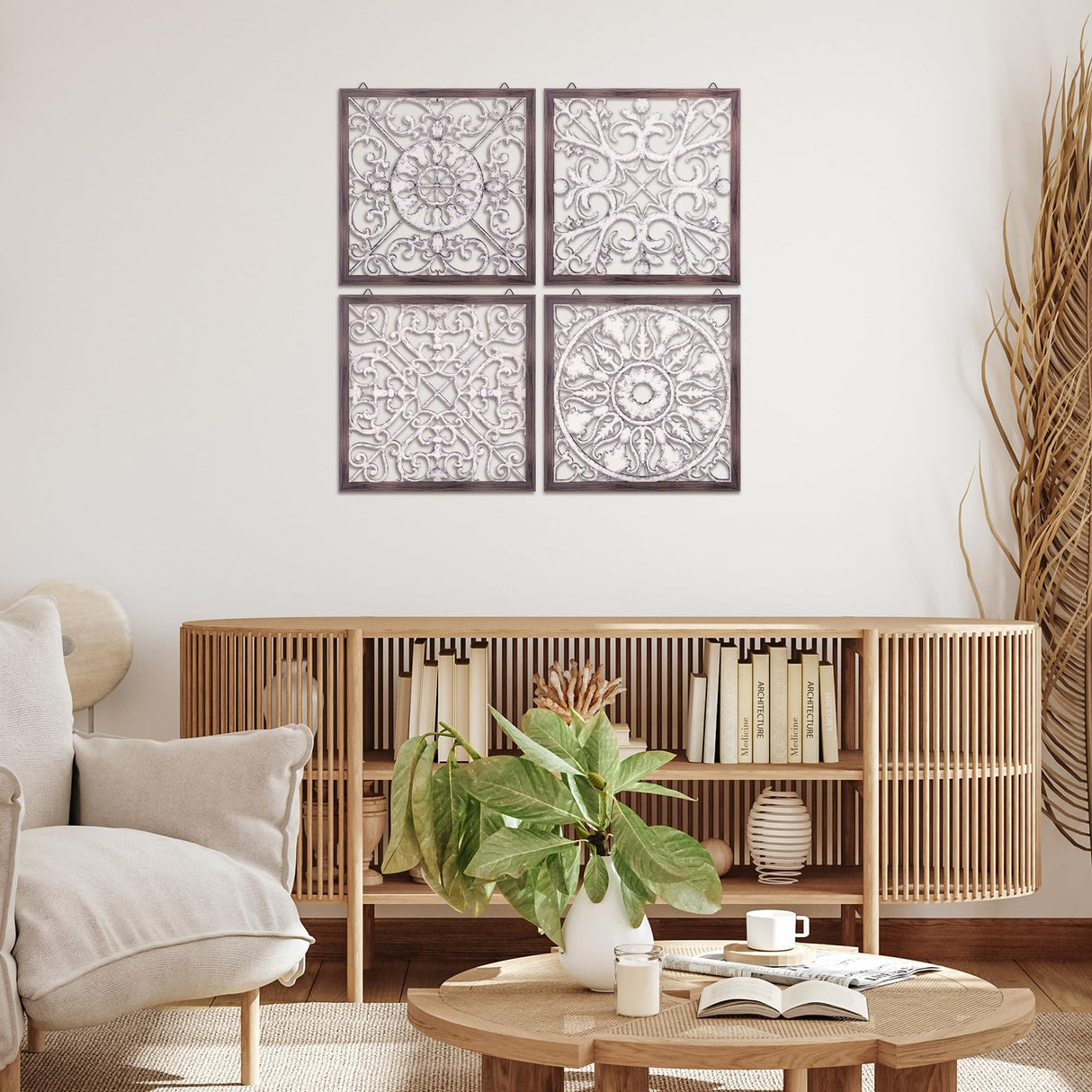 Tatuo 4 Pcs Wood Wall Art Wall Decor Farmhouse Wall Decor for Living Room Wooden Decorative Wood Panels Modern Wall Plaque for Home Kitchen Dining Room(Brown, White,Square) Tatuo