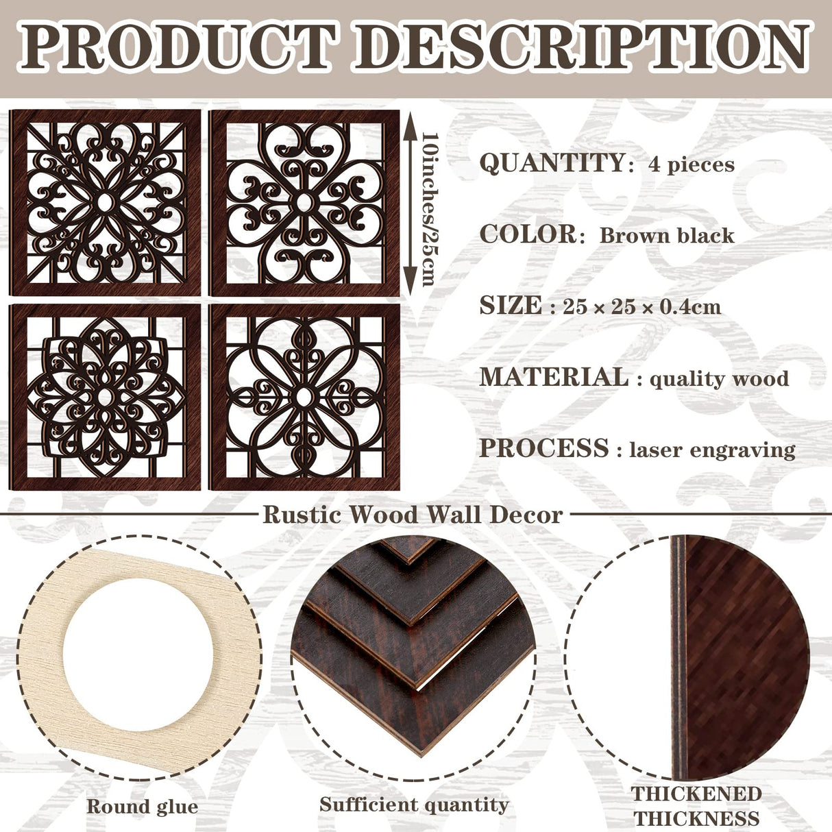 Yulejo 4 Pieces Thicken Rustic Wall Decor Farmhouse Wall Art Decor Wooden Hollow Carved Design Rustic Wall Art for Living Room Bedroom Hallway Decor Office Kitchen Wall Decoration (Brown, Black) Yulejo