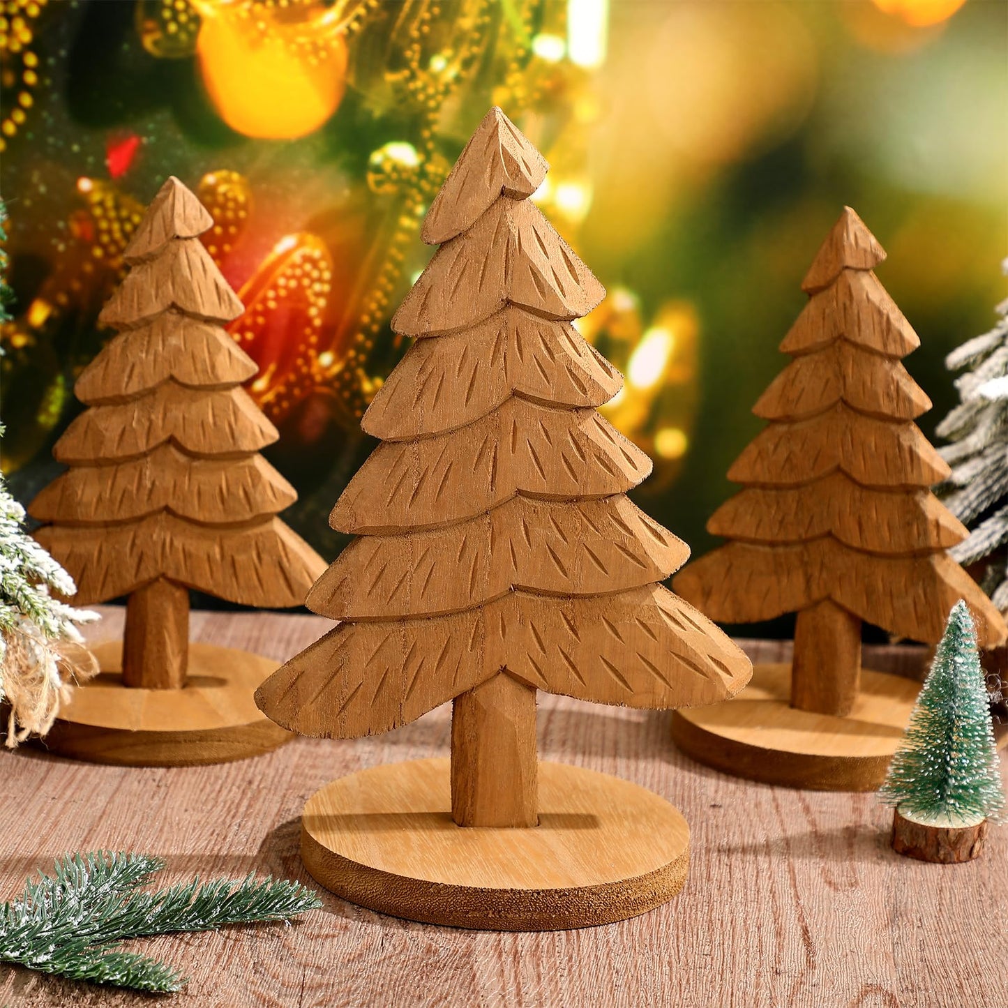 Qunclay 3 Pcs Wooden Christmas Tree Tabletop Handmade Wood Trees Artificial Standing Pine Tree Decor with Base Rustic Farmhouse Christmas Centerpiece for Home Office Table Xmas Holiday Party Decor