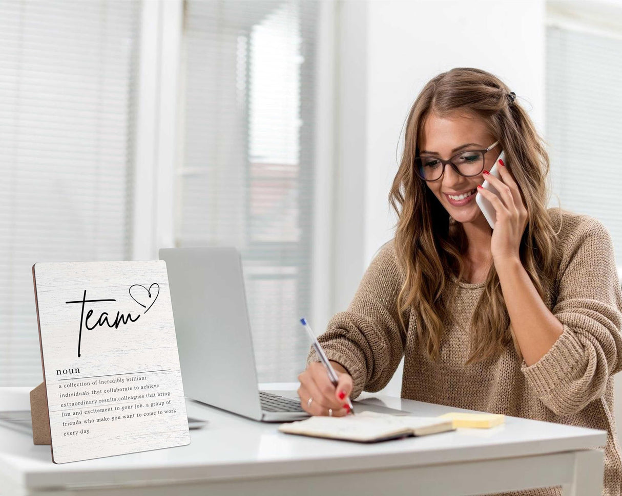 Team Definition Farmhouse Wood Sign with Stand for Women's and Men's Desk - Inspirational and Positive Office Decor with Rustic Charm and Encouragement for Home or Office Shelf NODROY