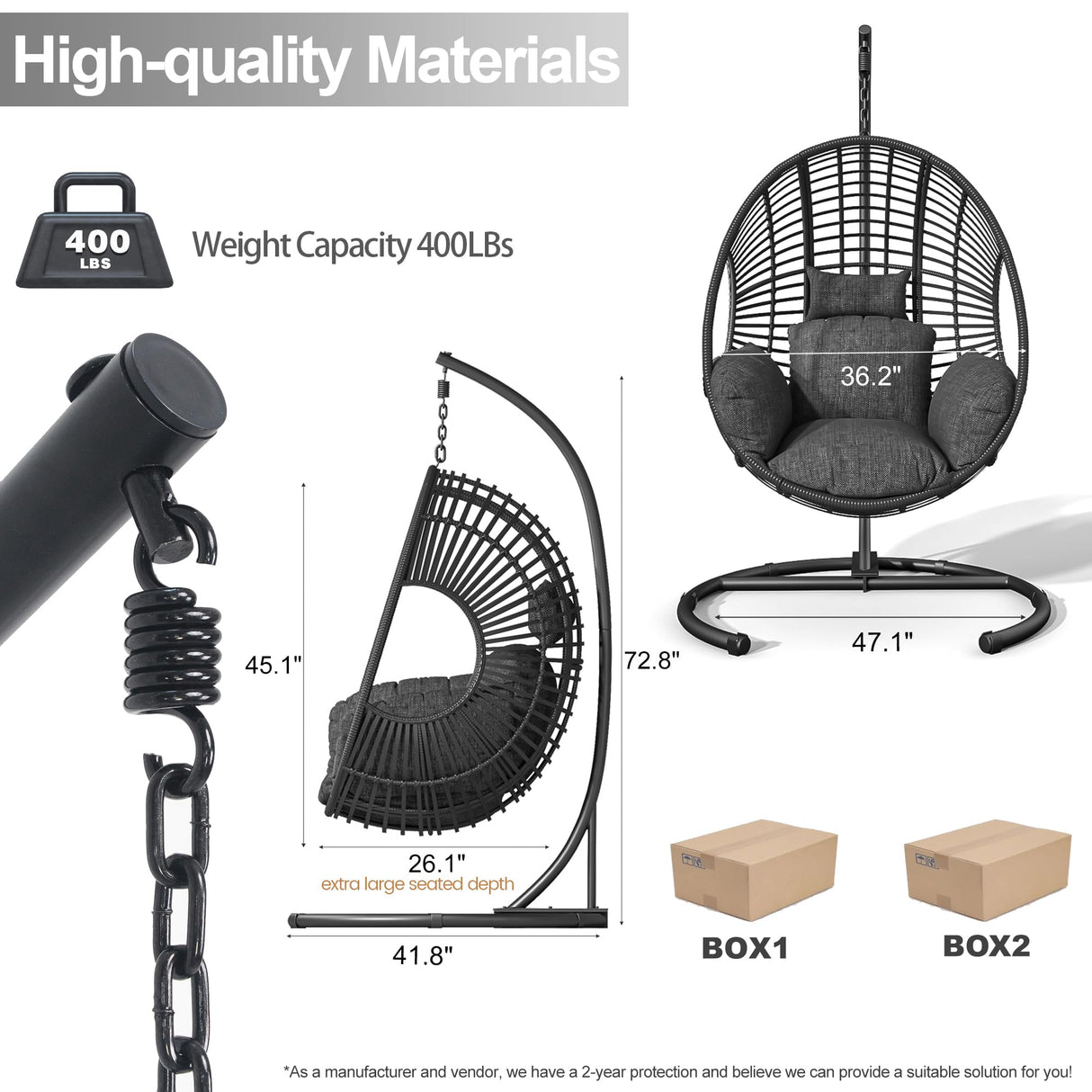 Hanging Egg Chair with Stand - Egg Swing Chair Outdoor Indoor Patio Wicker Chair Swing Hammock Egg Chairs 400lbs Capacity for Outside Patio, Bedroom, Garden and Balcony（Black） TQKVIPI