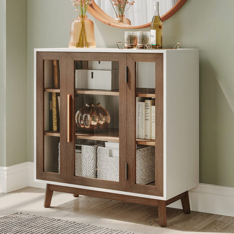 BELLEZE Sideboard Buffet Cabinet, Modern Curio Cabinet 3-Tiers Console Table for Kitchen Glass Display Cabinet Storage/Pantry Cabinet Coffee Bar for Living Room Bedroom Entryway, Brown BELLEZE