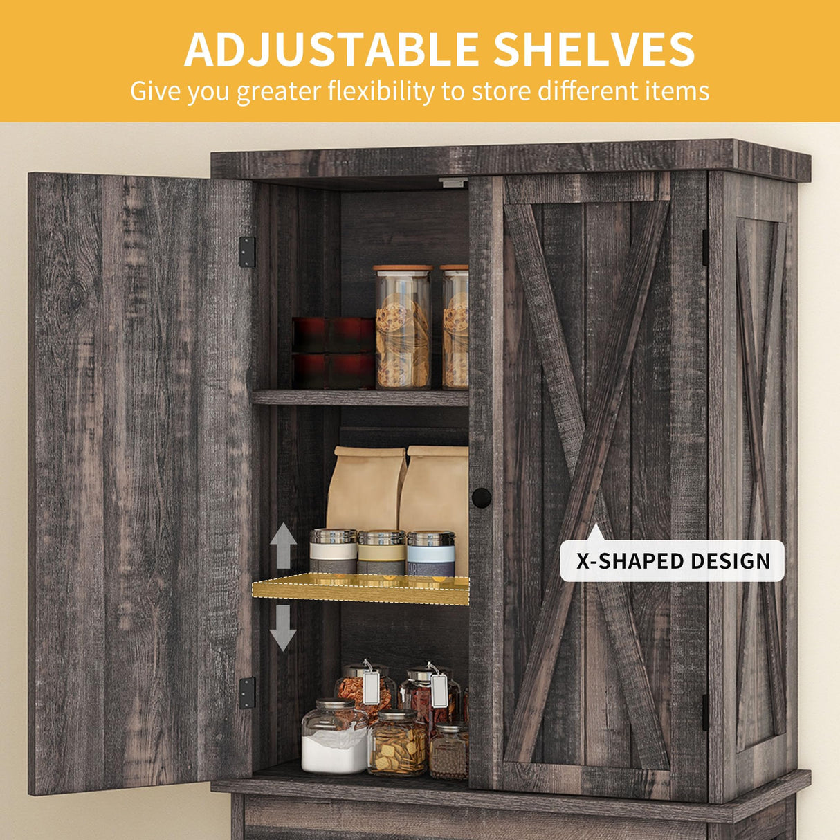 DWVO 72'' Farmhouse Kitchen Pantry, Rustic Wood Kitchen Storage Cabinets with Adjustable Shelves & Drawer, Tall Freestanding Cupboard for Dining Room, Living Room, Dark Gray DWVO