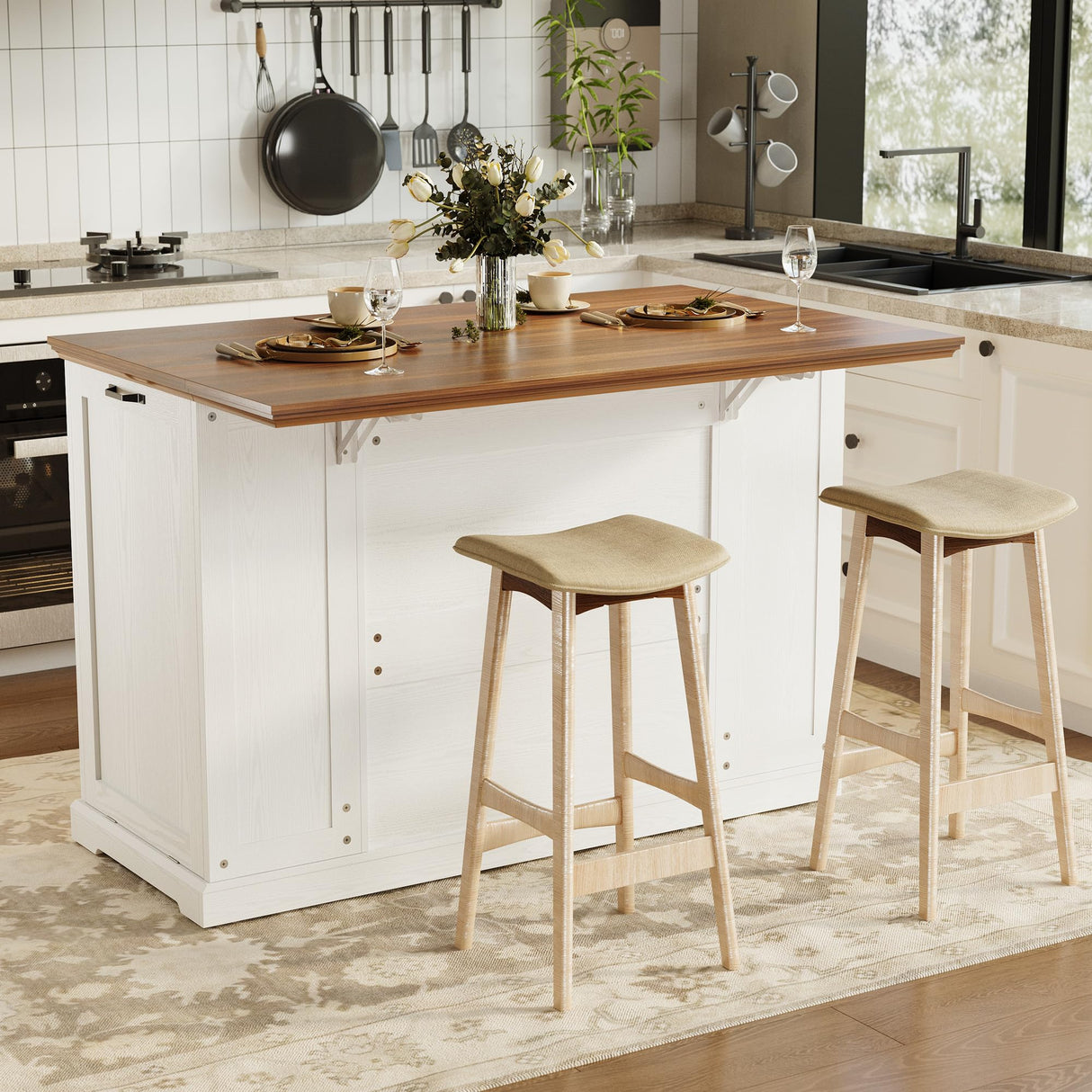 IRONCK Kitchen Island with Storage, Rolling Island Table on Wheels with Cart Drop Leaf and Trash Can Storage, Portable Islands Table for Dining Room, Living Room, White IRONCK