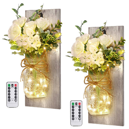 Wall Decor Mason Jar Sconces - Home Decor Wall Art Hanging Design with Remote Control LED Fairy Lights and White Rose, Farmhouse Wall Decorations for Bedroom Living Room Lights Set of Two - WoodArtSupply