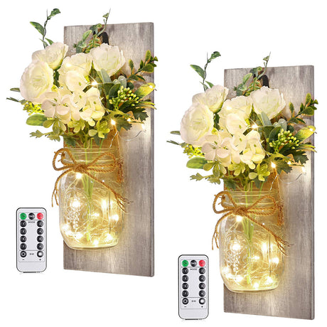 Wall Decor Mason Jar Sconces - Home Decor Wall Art Hanging Design with Remote Control LED Fairy Lights and White Rose, Farmhouse Wall Decorations for Bedroom Living Room Lights Set of Two Homecor