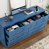 DWVO Farmhouse 7 Drawer Dresser for Bedroom, 59" Wide Large Modern Dresser TV Stand with Drawers & Bar Handles, Storage Dressers with Power Outlets, Rustic Wood Chest of Drawers, Blue Upgraged DWVO