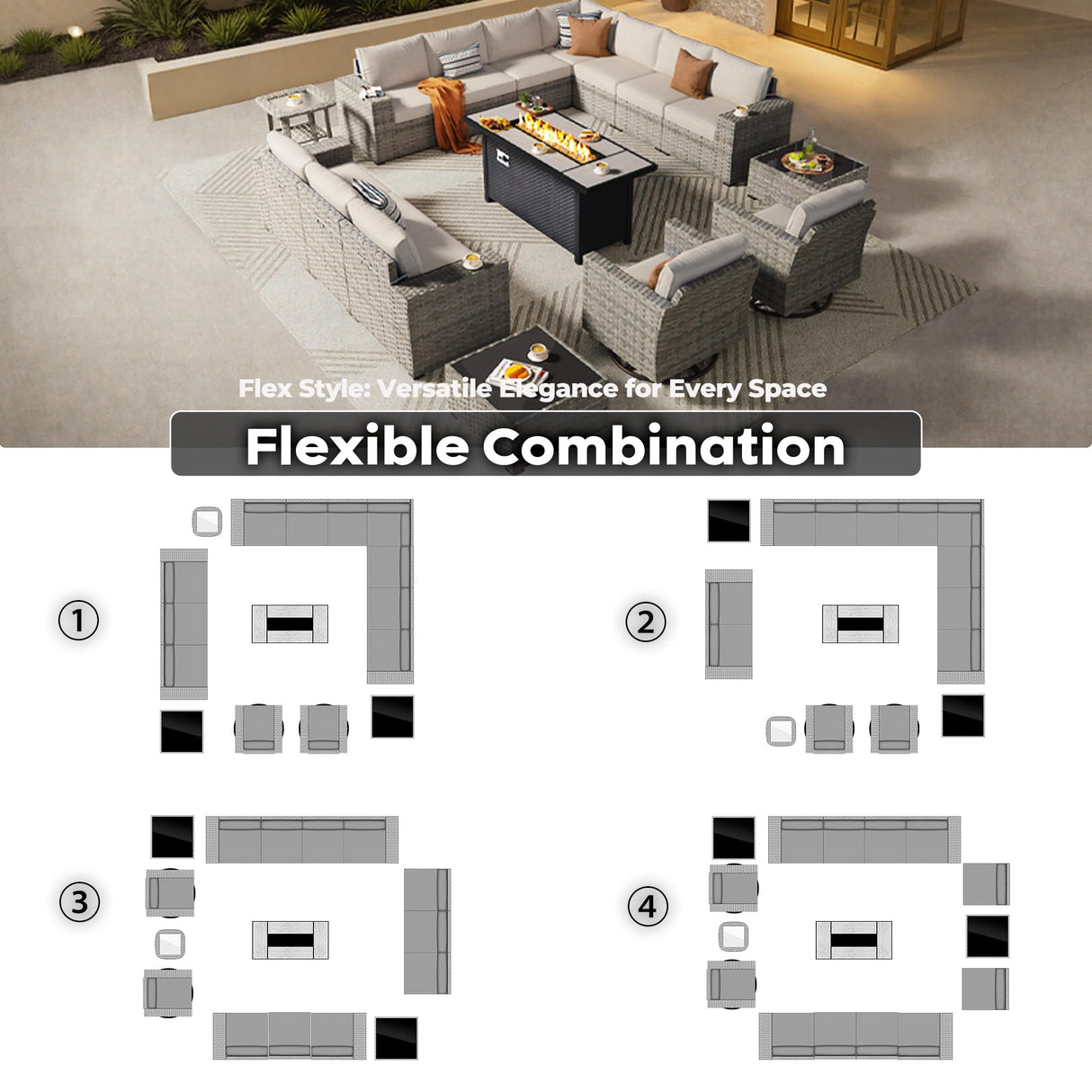 ovios 16 Pieces Patio Furniture Set, Outdoor Wicker Sectional Sofa with 54" Fire Pit Table Swivel Chairs, Modern Modular Deep Seat Rattan Couch Conversation Sets, Beige ovios