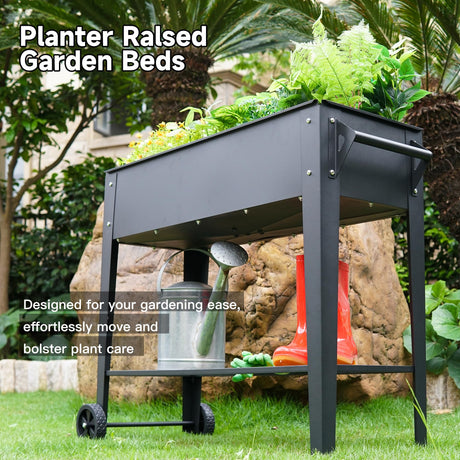 LEETOLLA Elevate 32" Tall Raised Garden Bed Outdoor with Wheels & Shelf for Mobility, 400LBS Capacity, Anti-Rust Steel Planter Box for Vegetables/Herbs, Patio-Balcony-Backyard LEETOLLA