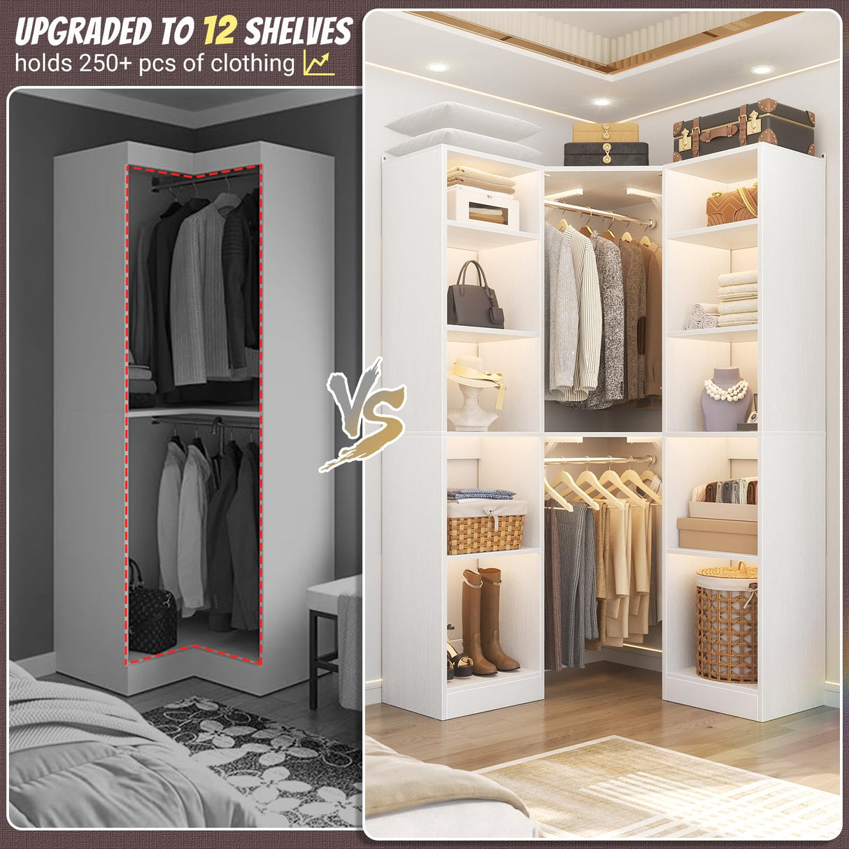 Besiost Corner Closet System with 12 Shelves, 39.2" Corner Closet Organizer System with 2 Hanging Rods, Versatile 6-Tier Walk-in Closets for Corner Space, White (39.2" L x 39.2" W x 80" H) Besiost