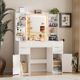 PAKASEPT Vanity Desk with Mirror and Lights, Fluted Makeup Vanity Desk with Lights 3 Colors, Glass Top Vanity with 16 RGB Colors Cabinet, 2 Shelves & 5 Drawers & Power Outlet for Bedroom PAKASEPT