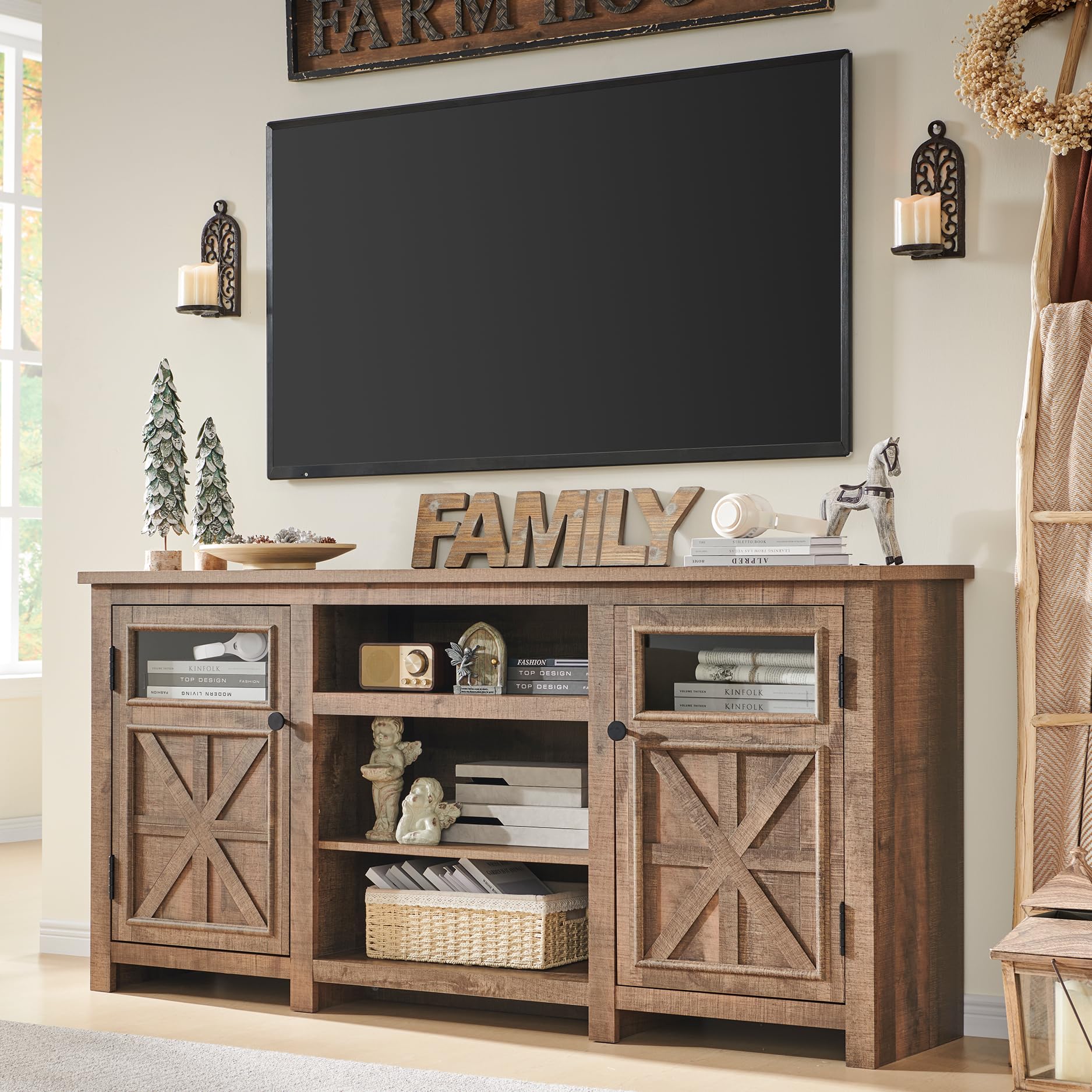 JXQTLINGMU Farmhouse TV Stand for 75 Inch TV, Entertainment Center with Storage, Modern TV Cabinet with Barn Doors, 66" Rustic TV Console for Living Room, Adjustable Shelf - Light Brown - WoodArtSupply