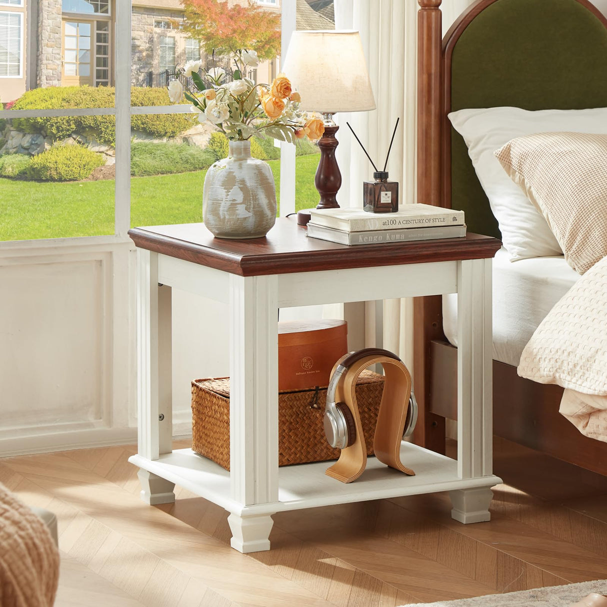 Farmhouse End Table with 2-Tier Storage Shelf, 22.8 inch Side Table for Living Room,Modern Nightstand,Small Bedside Table for Bedroom,White SAVOR LIFE