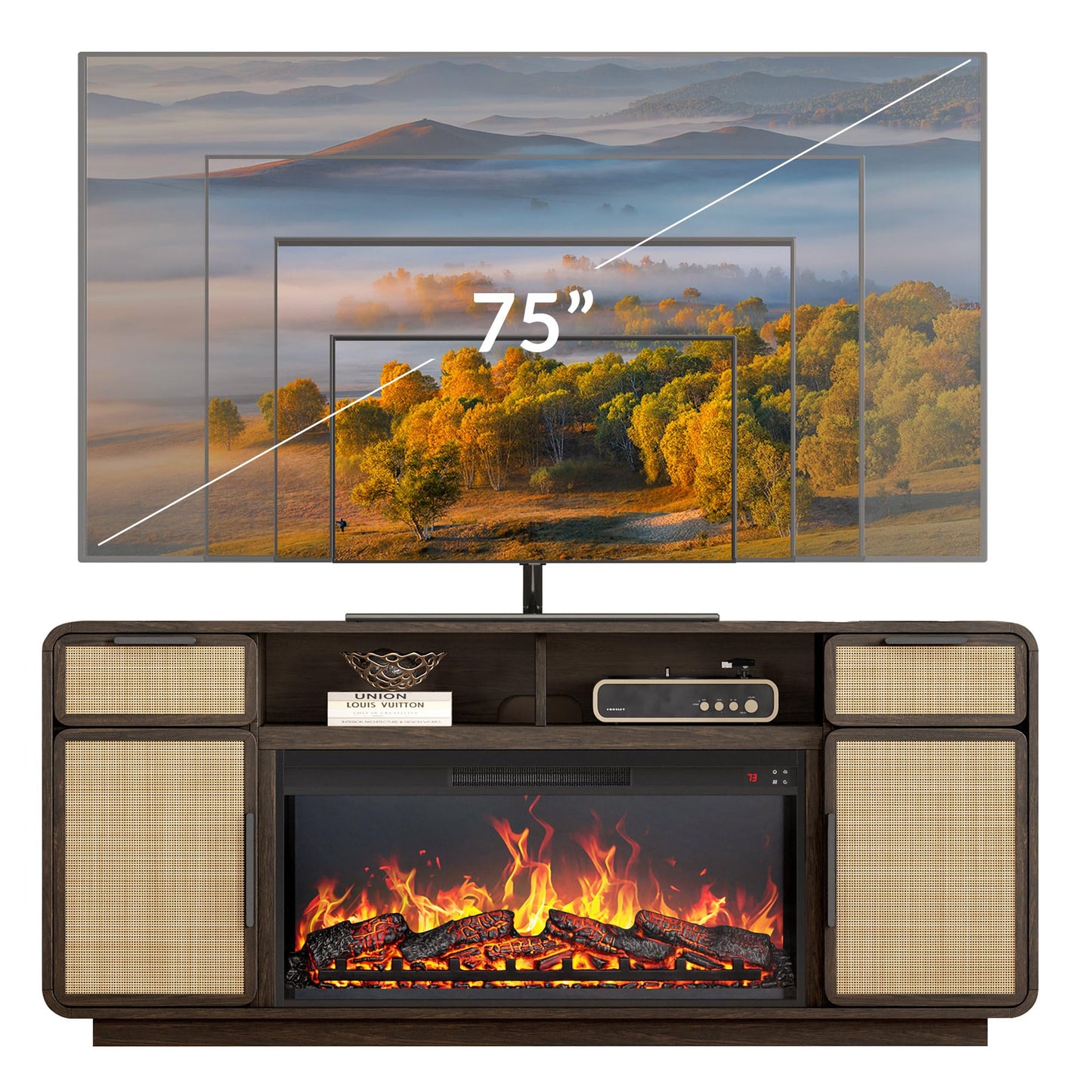 BELLEZE 68" TV Stand for TV Up to 75",Boho Entertainment Center with 36" Electric Fireplace Heater with Sound, Rattan Decorated Console Table Storage Cabinet for Living Room, Bedroom - (Brown)