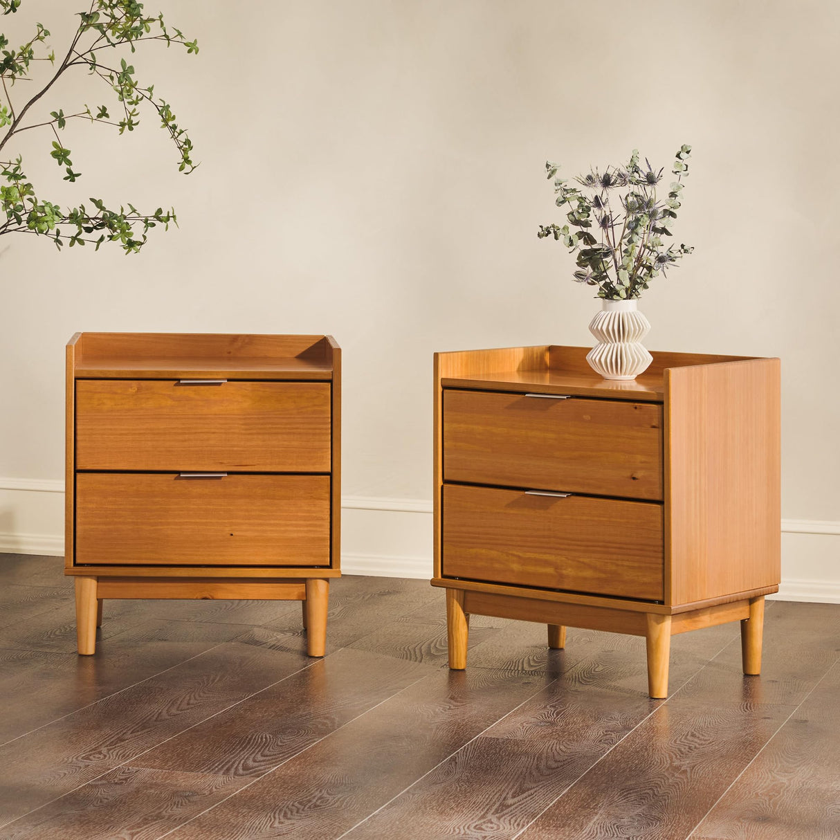 Walker Edison Mid-Century Modern 2-Drawer Solid Wood Nightstand, 20 Inch, Set of 2, Caramel Walker Edison