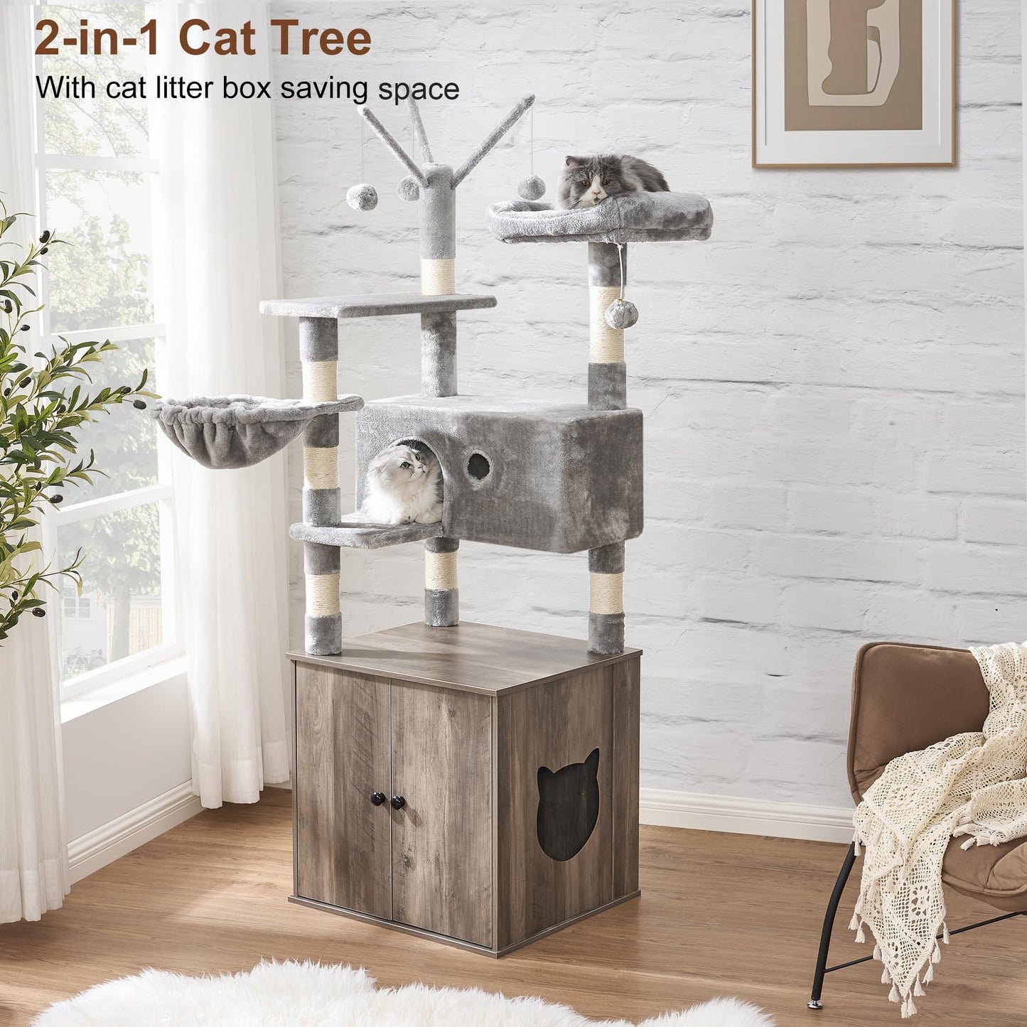 BEWISHOME Cat Tree with Litter Box Enclosure All-in-one Hidden Cat Litter Box Furniture Cat Tower for Indoor Cats with Scratching Posts Modern Cat Condo House Greige MMJ85G