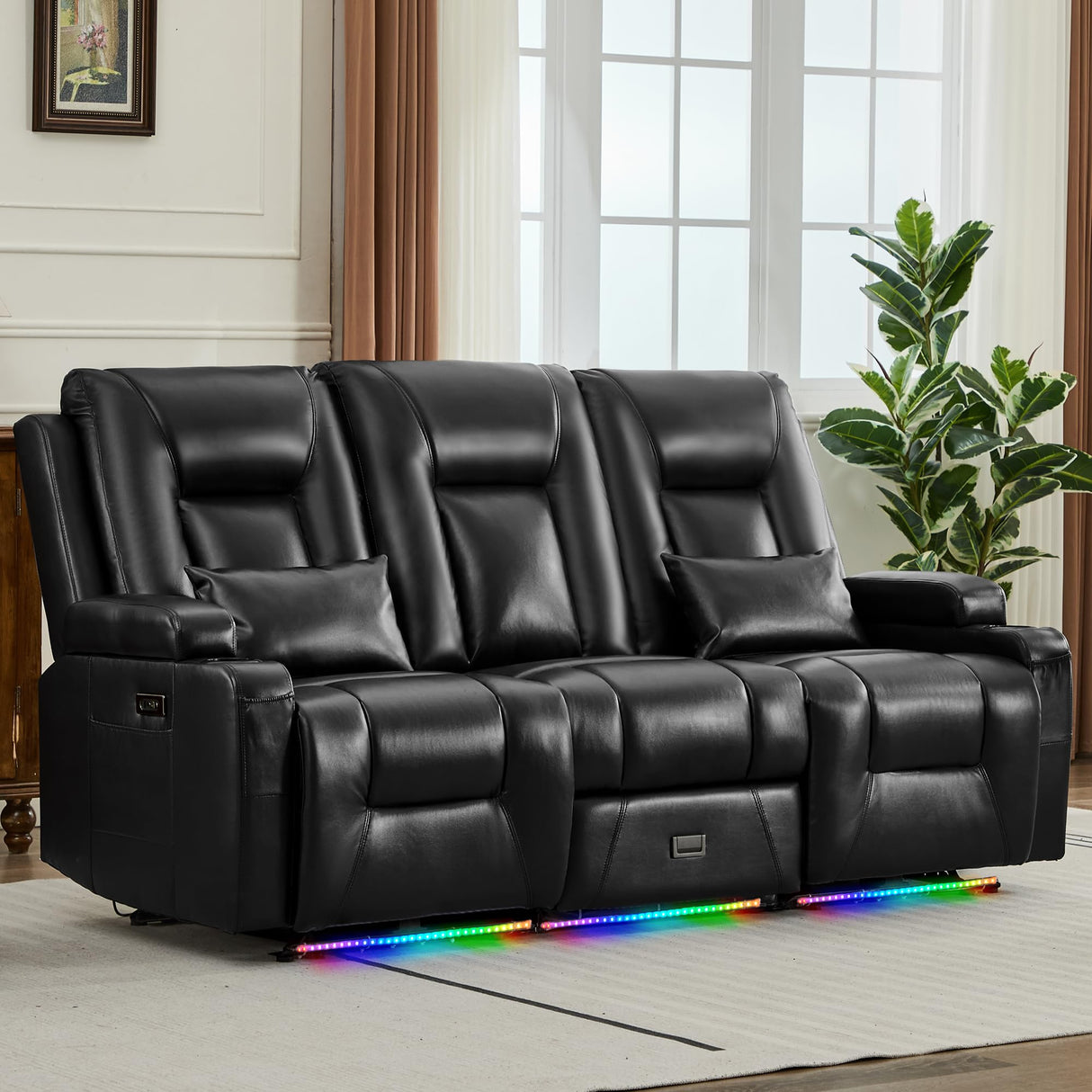 URRED Wall Hugger Power Recliner Sofa, RV Double Reclining 3-Seater Couch for Living Room with LED Lights, USB Ports, Cup Holders and Side Pockets, Outlets, Drawer, Faux Leather – Black URRED