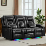 URRED Wall Hugger Power Recliner Sofa, RV Double Reclining 3-Seater Couch for Living Room with LED Lights, USB Ports, Cup Holders and Side Pockets, Outlets, Drawer, Faux Leather – Black URRED