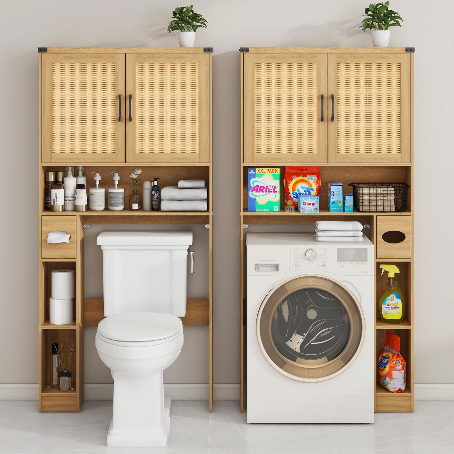 Over The Toilet Storage Cabinet, Farmhouse Rattan Storage Cabinet Over Toilet with 2 Rattan Barn Doors & Home Space-Saving Toilet Rack, for Bathroom, Restroom, Laundry