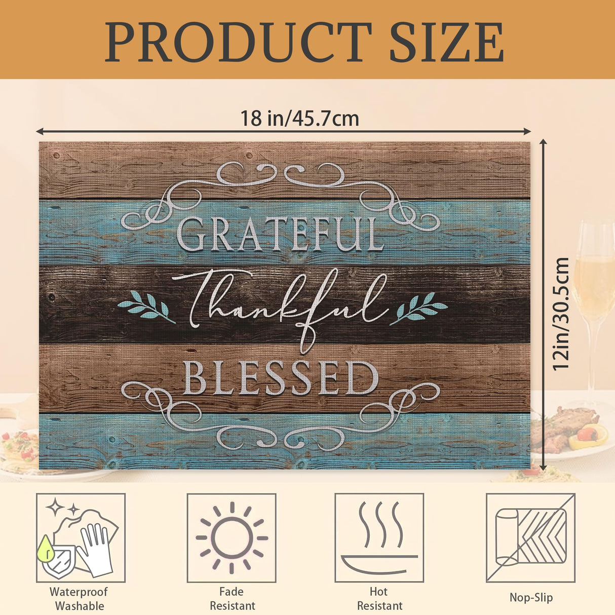 Thankful Grateful Blessed Placemats Set of 6 Place Mats for Kitchen Table Washable Farmhouse Linen Table Mats Dining Decoration 12x18 Inch UIUPRO