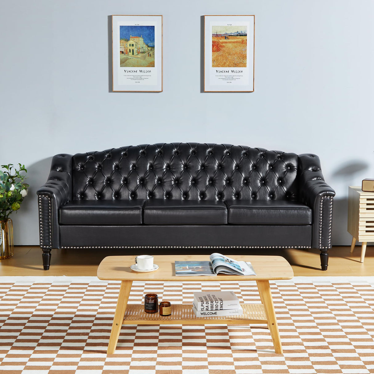 Chesterfield 3-Steater Sofa, 80" Comfy Leather Sofas Couch with Camelback for Living Room, Mid Century Modern 3 Deep Seats Couch for Apartment Bedroom, Office (PU-3-Steater Sofa, Black) SUJOUCRAFT