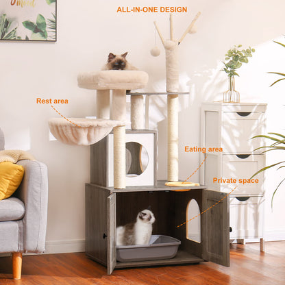 Heybly Cat Tree, Wood Litter Box Enclosure with Food Station, All-in-one Indoor Cat Furniture with Large Platform and Condo, Modern Style Cat Tower, Hammock, Rustic Brown HCT102SG - WoodArtSupply