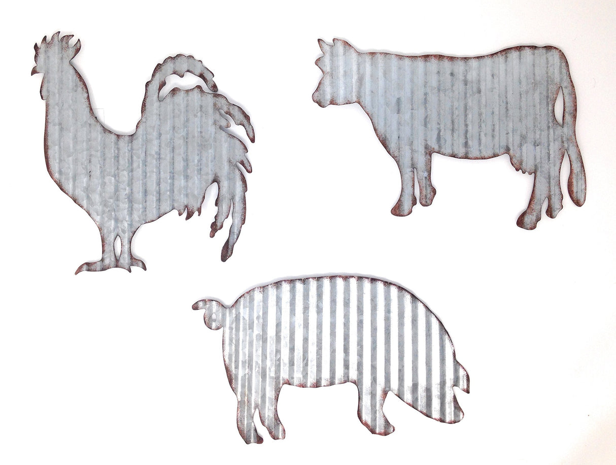 HL Cow Pig Rooster Galvanized Metal Farmhouse Wall Art Set HL