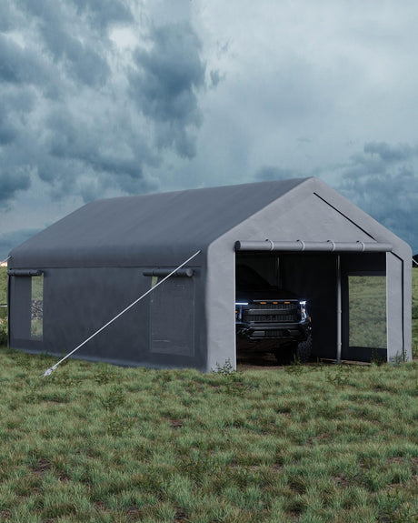 GarveeLife 13x25 Ft Carport with 10 Sandbags, Car Port with 220g PE Tarp, 2 Roll-Up Doors, and 4 Windows, for Full-Size Pickups, Bass Boats, Tractors, and SUVs, Gray GarveeLife