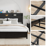 PAUKIN King Size Bed Frame with Headboard, Rustic Farmhouse Wood Bed Frame with LED Lights and Charging Station, Easy Assembly, No Box Spring Needed (Black, King) PAUKIN