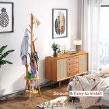 FILWH Freestanding Coat Rack with Umbrella Organizer Tray Bamboo Coat Tree Rack with 8 Hook Stand for Clothes Bag Hats Entryway Hanger Stand(Nature) FILWH