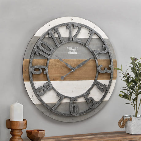 FirsTime & Co. Multicolor Shabby Planks Wall Clock, Large Vintage Decor for Living Room, Home Office, Round, Wood, Farmhouse, 27 inches FirsTime & Co.