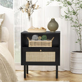 Rattan Night Stand Set 2, Boho Bedside Table Black Nightstand with Rattan Door, Storage Cabinet, Open Storage Space & Sturdy Metal Legs, Accent Bed Side Table, Wood End Tables Bedroom Angel Sar